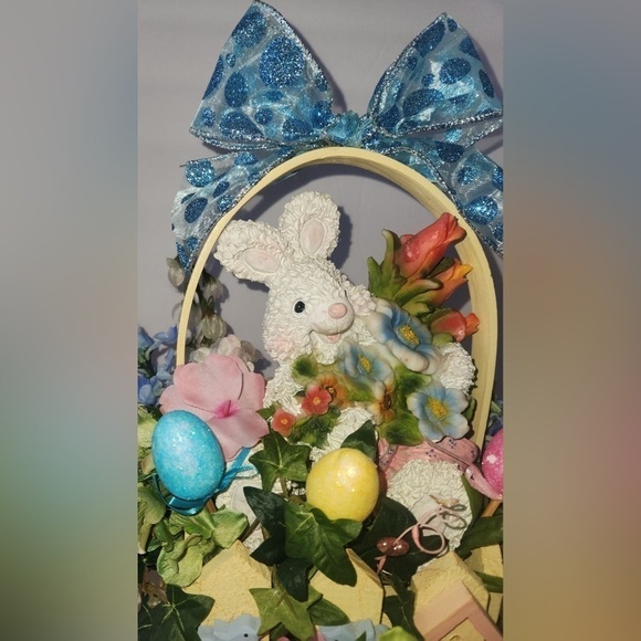 New! Handcrafted Easter Bunny Basket Floral Decor or Spring Centerpiece - Picture 2 of 7